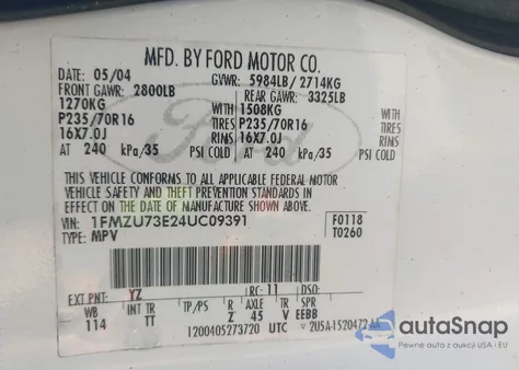 2004 Ford Explorer Nbx/Xlt from USA, damaged, VIN 1FMZU73E24UC09391